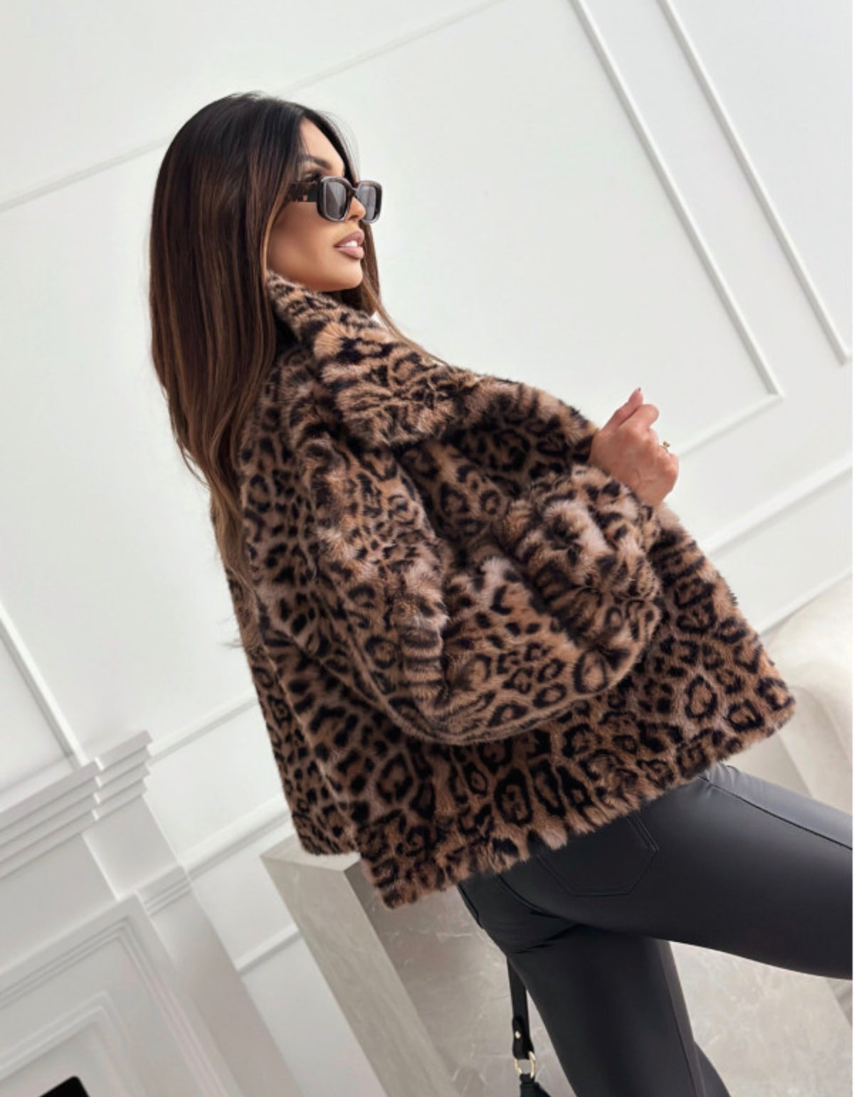 Leopard Print Cropped Fur Jacket