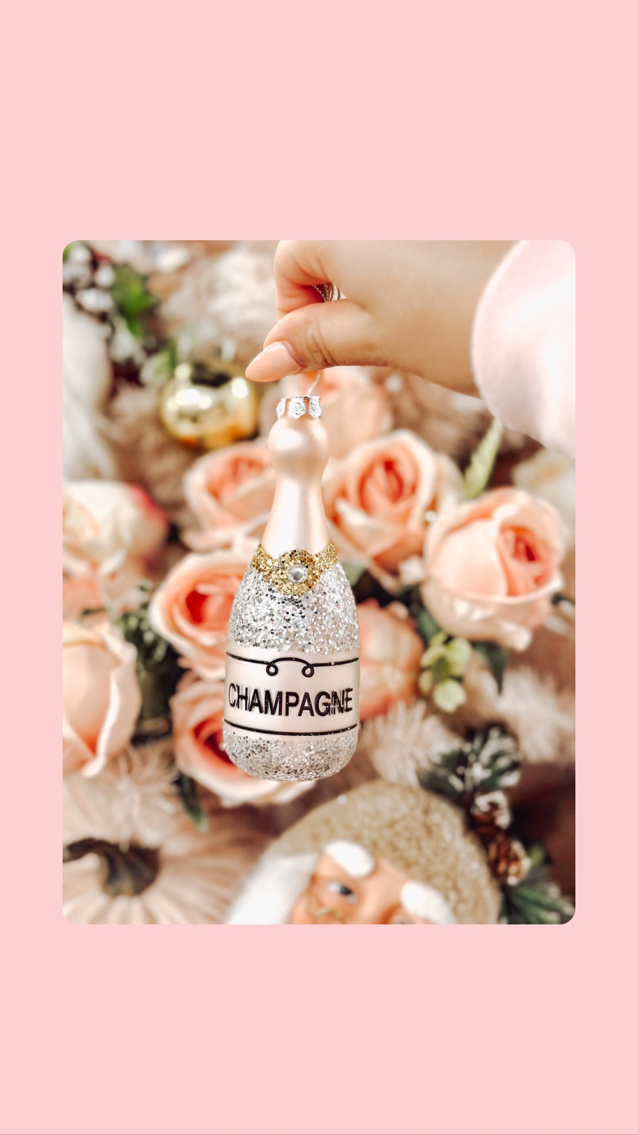 Pink Hanging Glittered Champagne Bottle Ornament