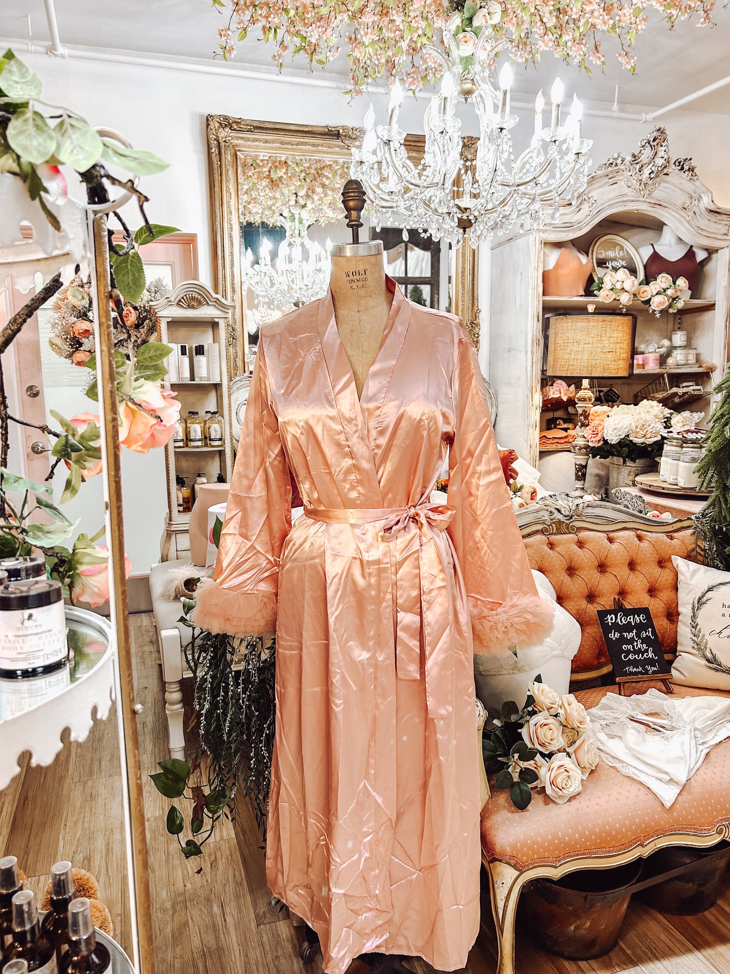 Silk Robe with Mesh Lace Long Sleeve