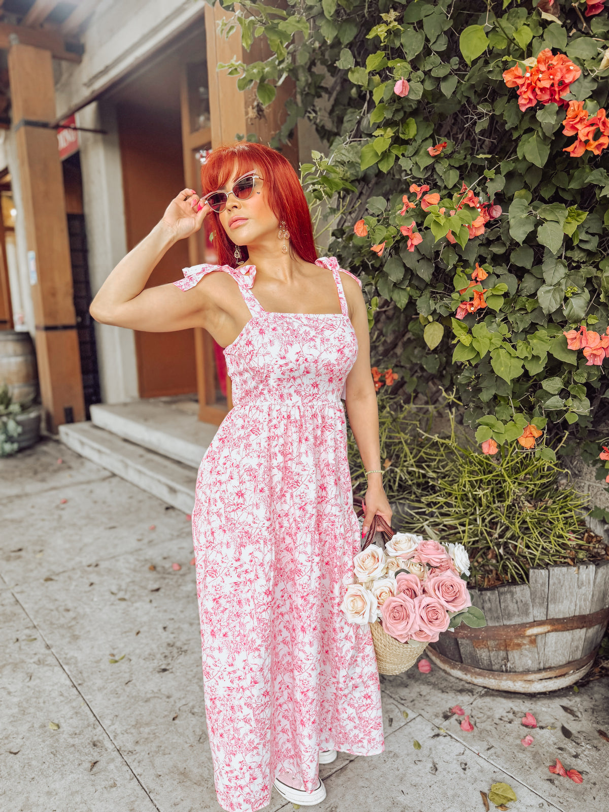 French Romance Bow Strap Floral Dress