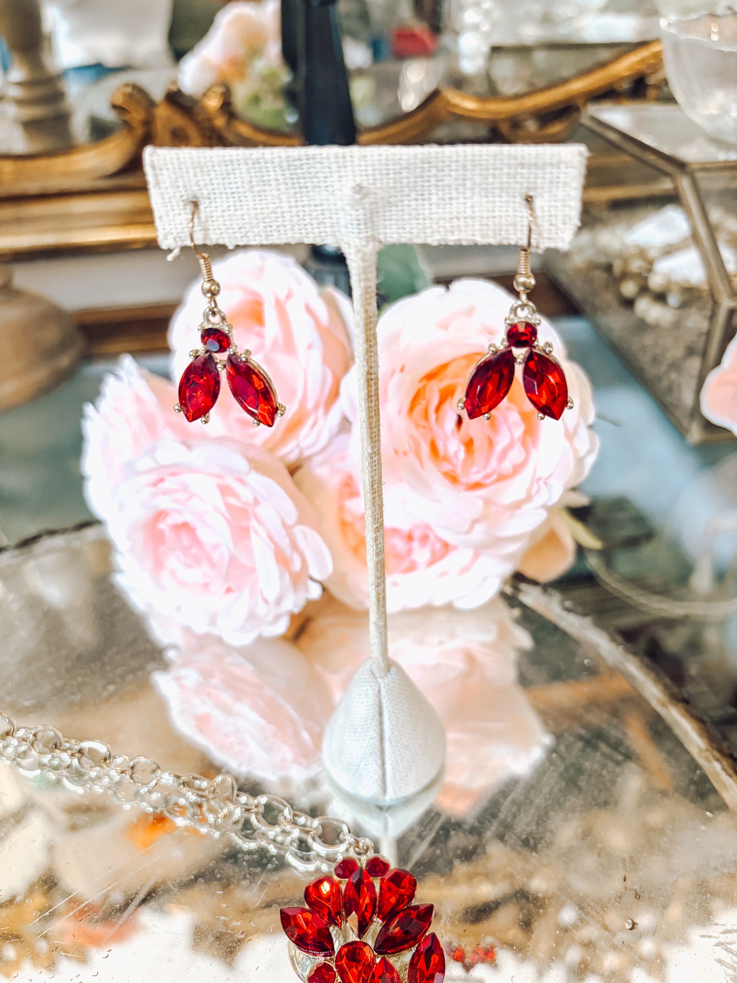 Red Crystal Necklace & Drop Earrings Set