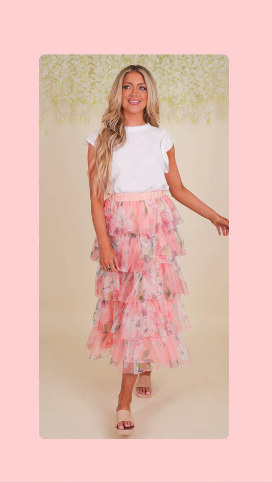 Ruffled Floral Tuelle Skirt
