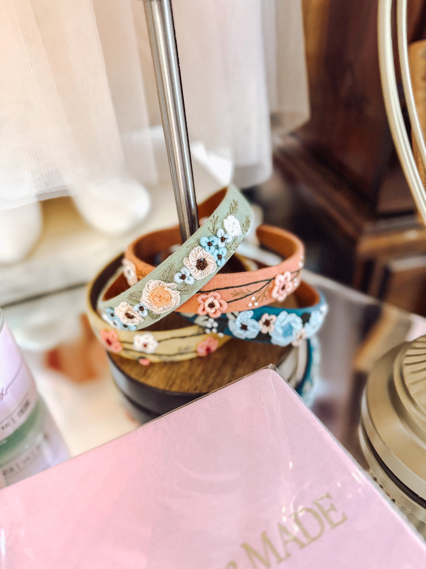 Hand Embroidered Floral Linen Headband
