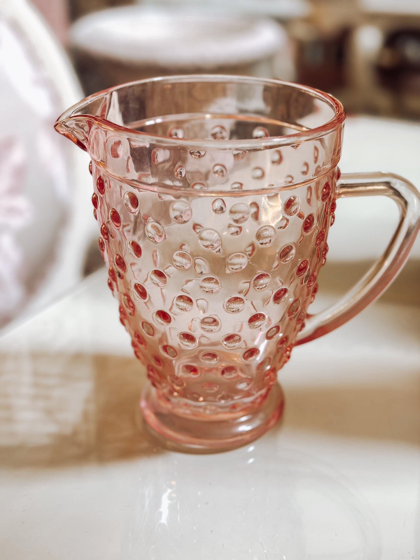 Blush Pink Glass Pitcher – Elegant Vintage Style Water Jug