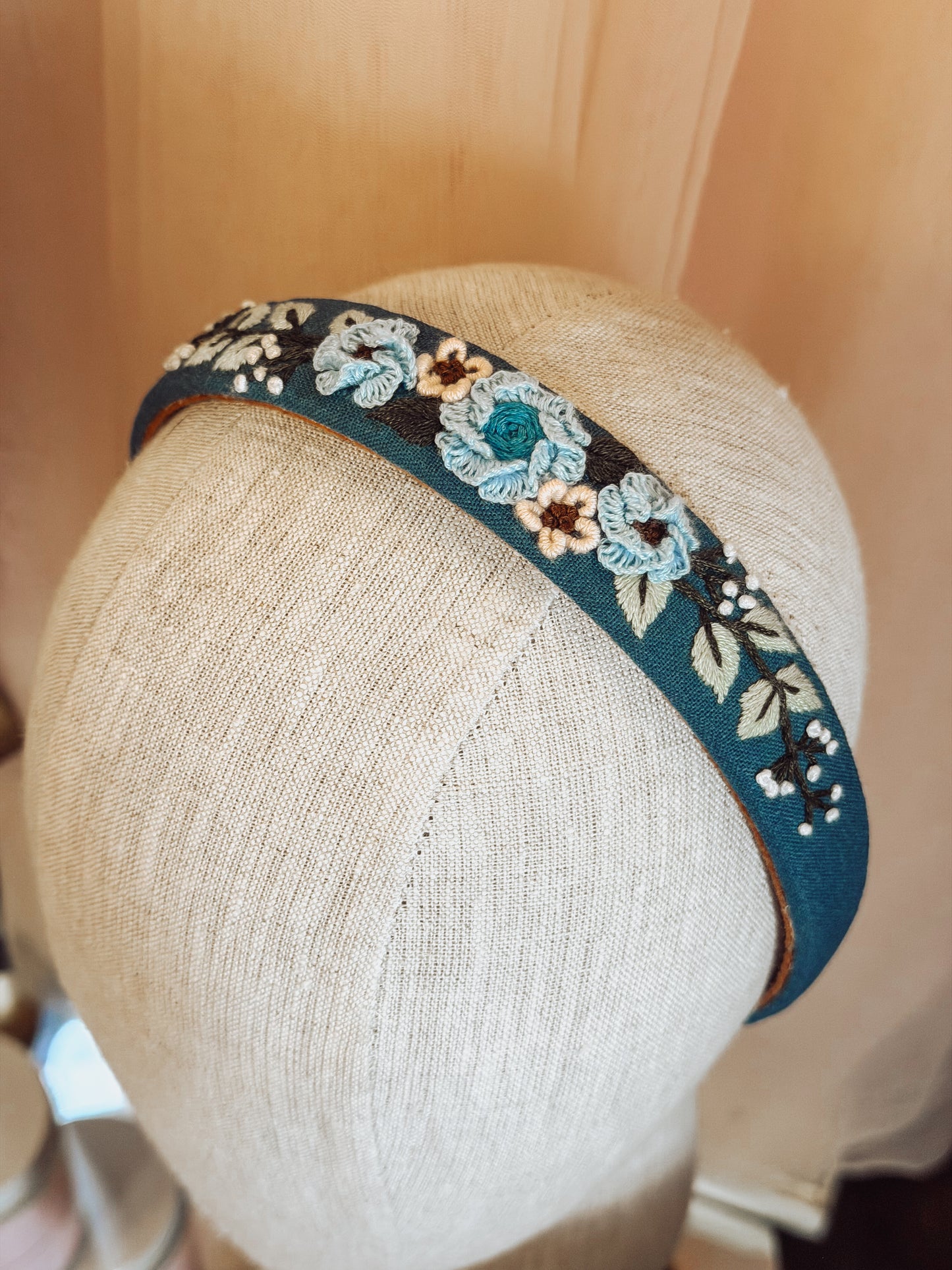 Hand Embroidered Floral Linen Headband