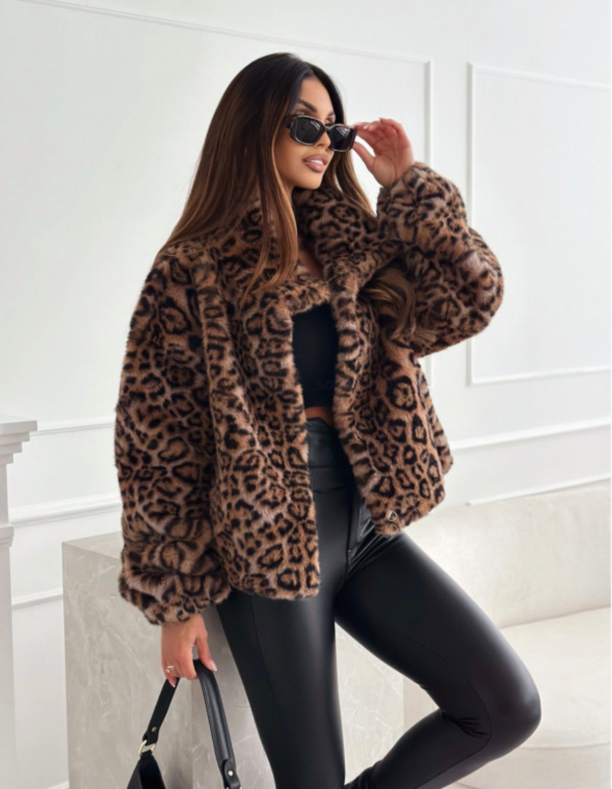 Leopard Print Cropped Fur Jacket