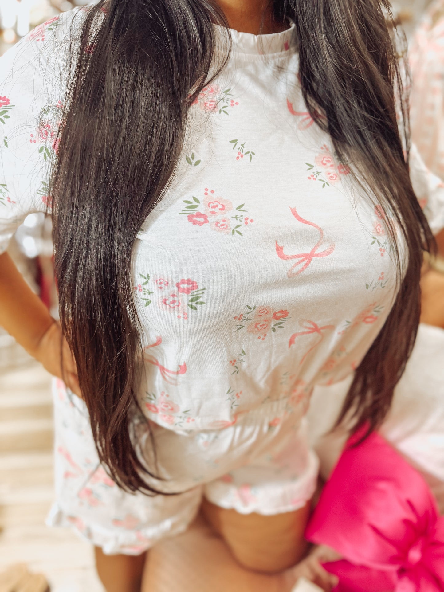 Ruffle Floral Print T-Shirt & Shorts Pajama Set