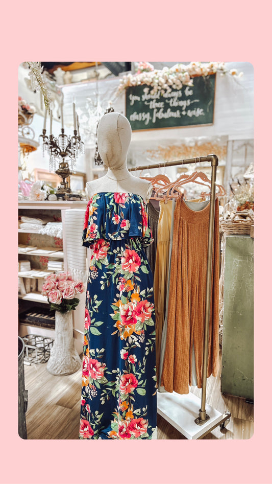 Off The Shoulder Navy Blue Floral Dress