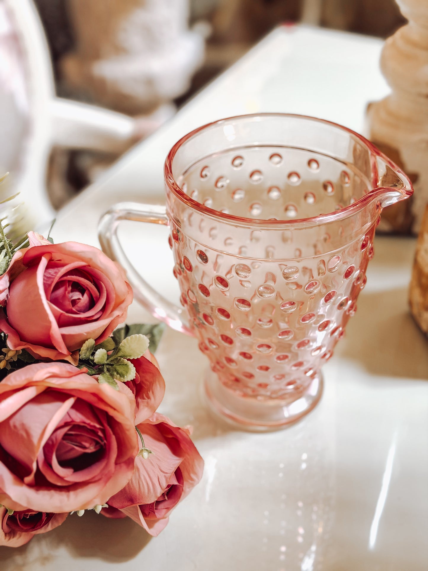 Blush Pink Glass Pitcher – Elegant Vintage Style Water Jug