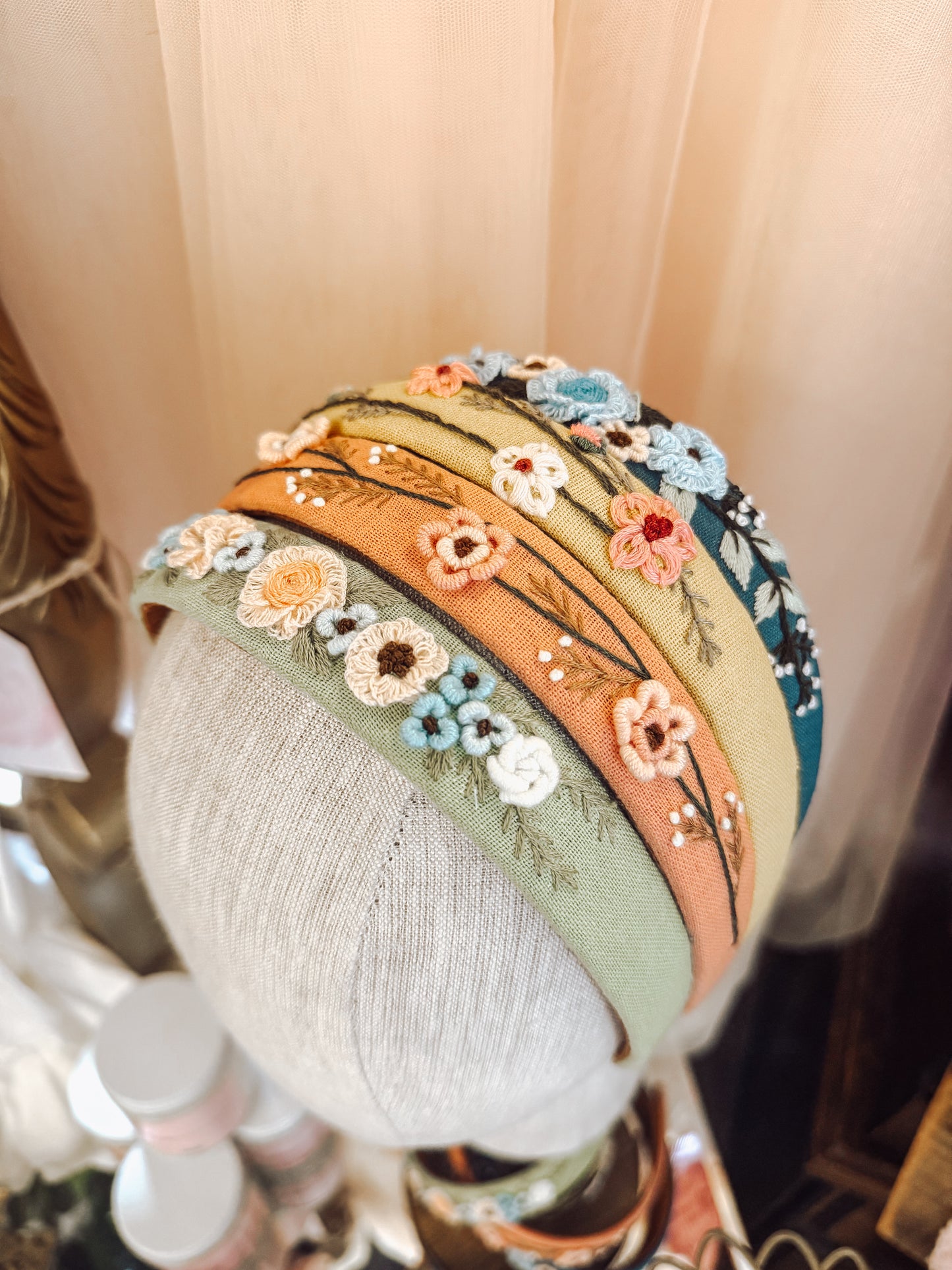 Hand Embroidered Floral Linen Headband