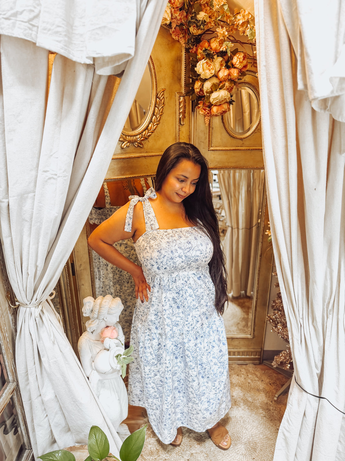 French Romance Bow Strap Floral Dress