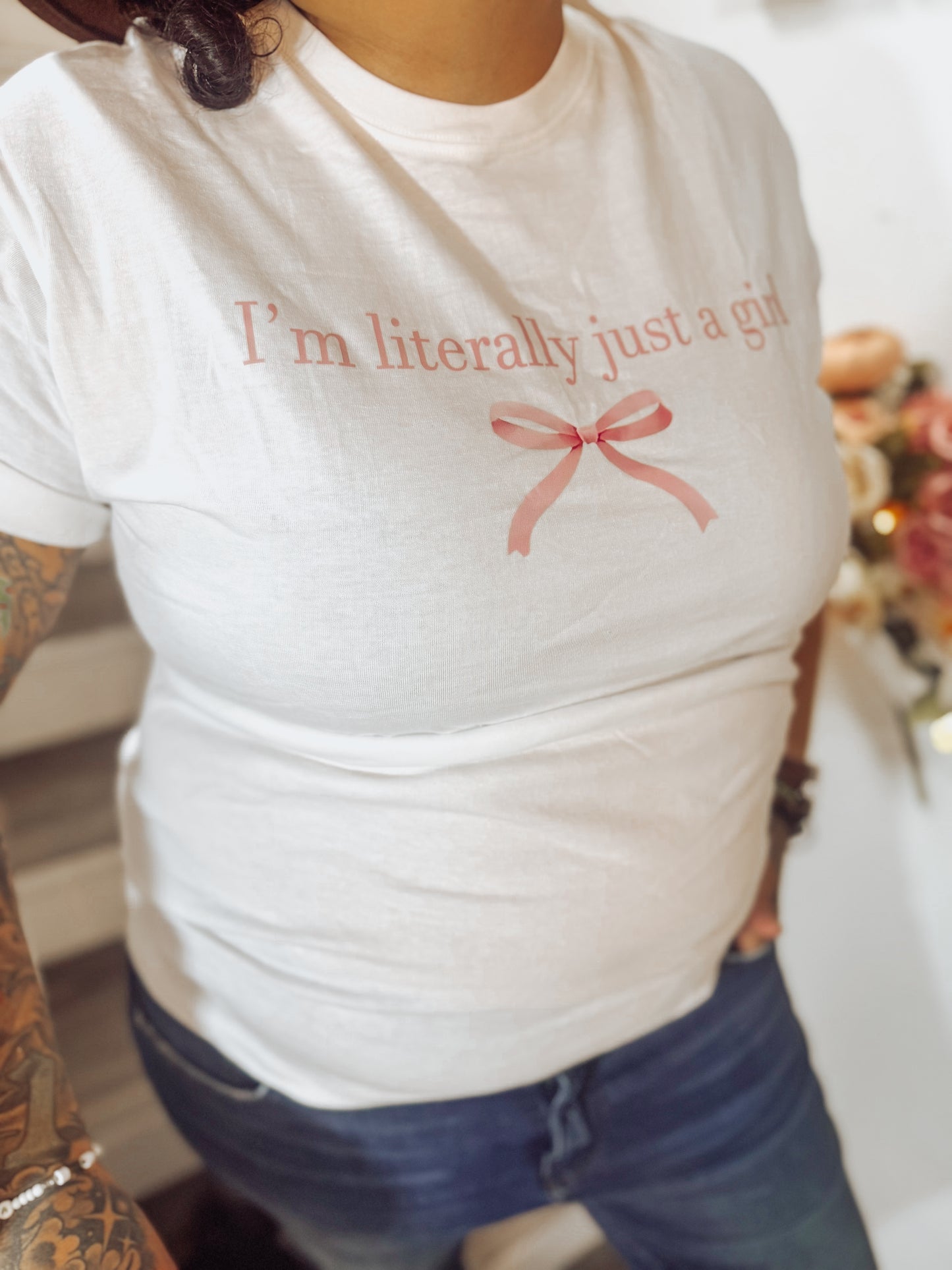 Just A Girl Pink Bow Graphic Cotton T-Shirt