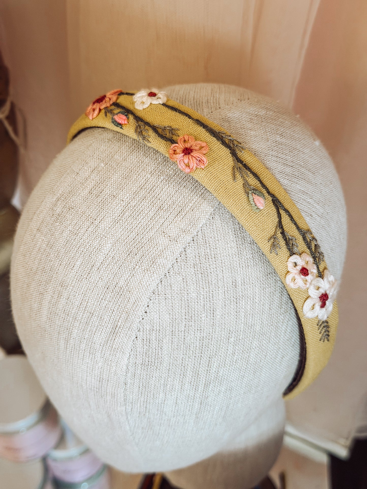 Hand Embroidered Floral Linen Headband