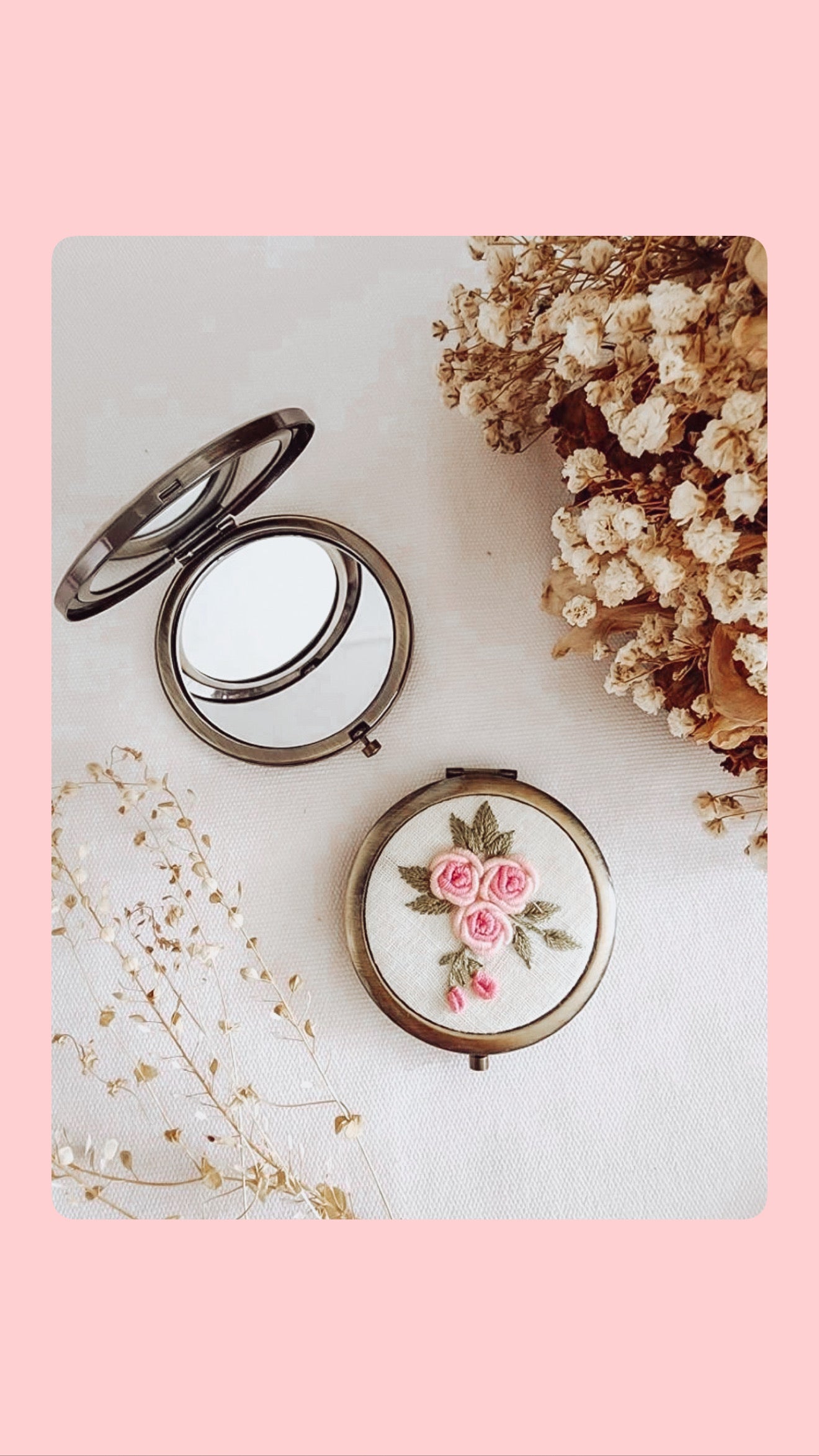Hand-Embroidered Floral Compact Mirror with Pouch