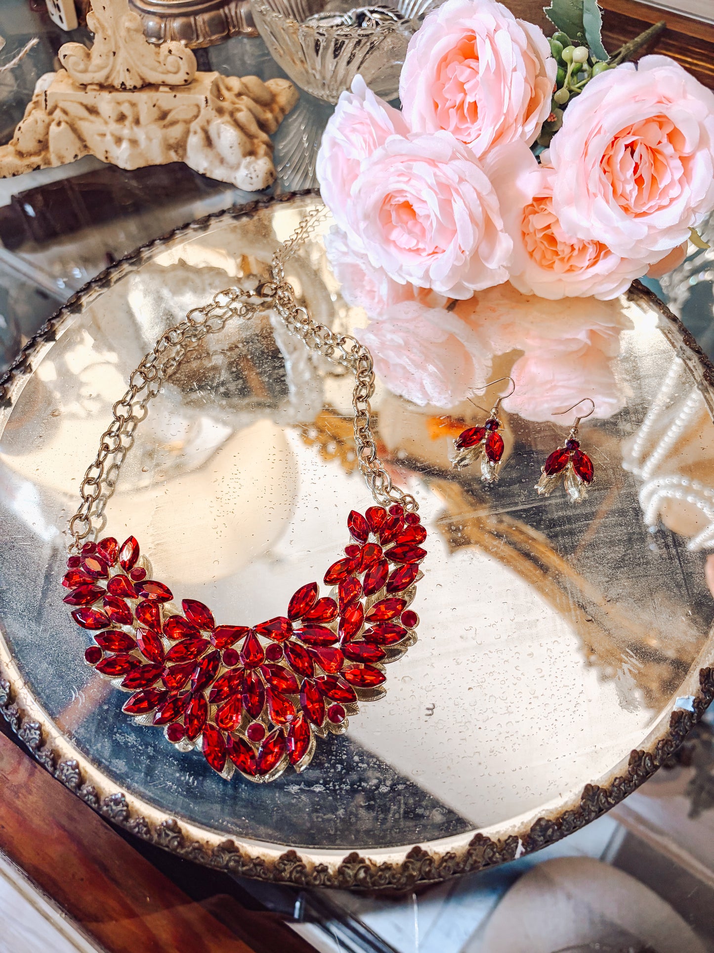 Red Crystal Necklace & Drop Earrings Set