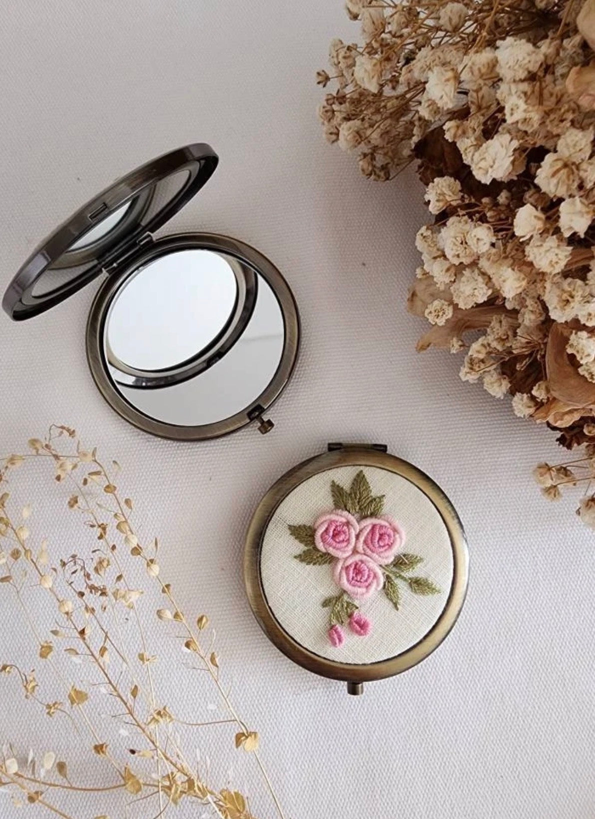 Hand-Embroidered Floral Compact Mirror with Pouch