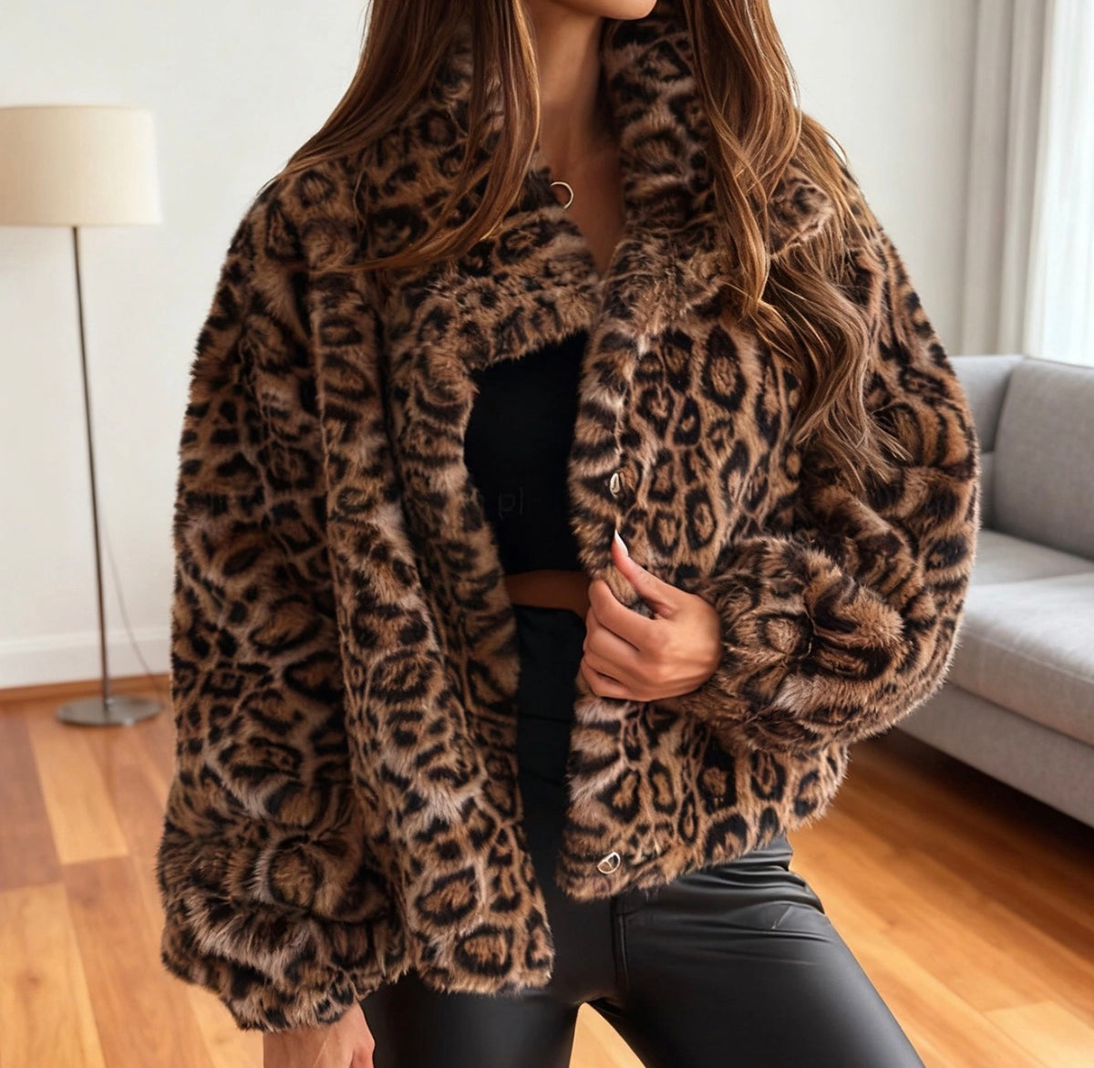 Leopard Print Cropped Fur Jacket