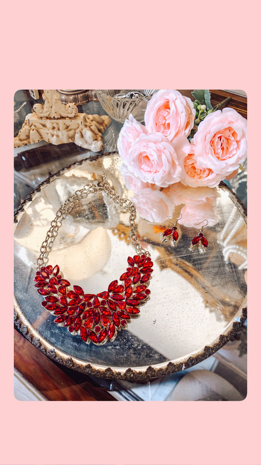 Red Crystal Necklace & Drop Earrings Set