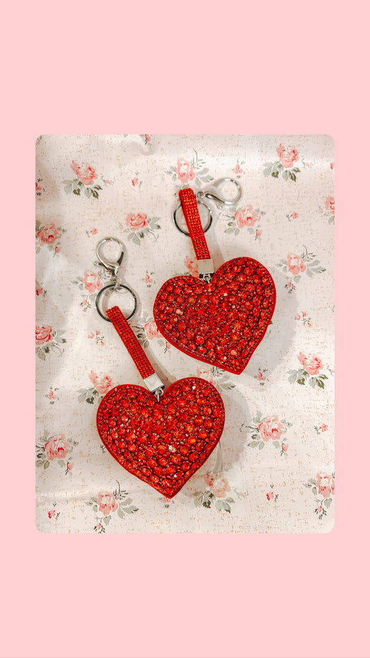 Bedazzled red heart shaped keychain