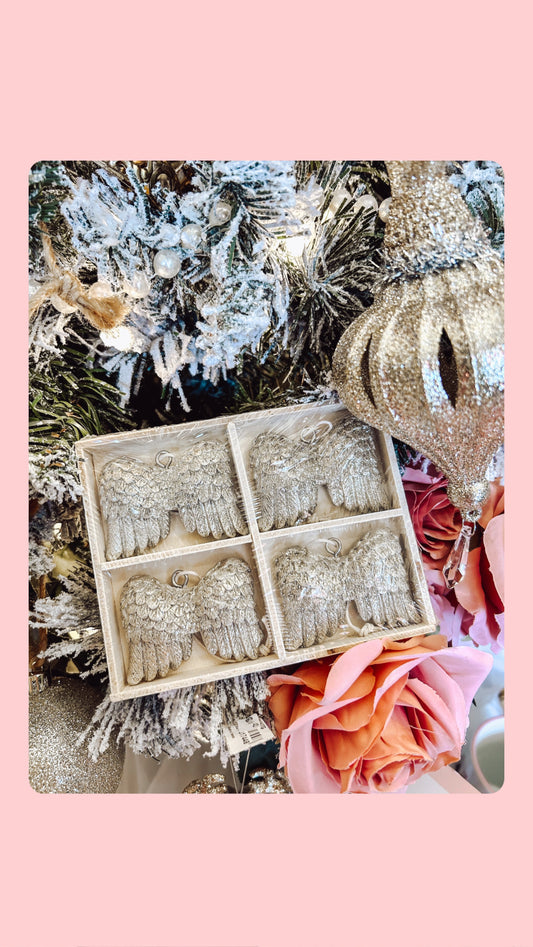 Set of 4 glitter angel wing ornaments 1.5in