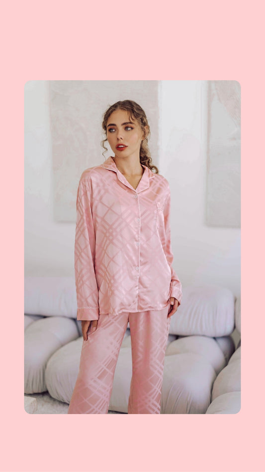 Pink Squared Button Front Long Sleeves Pajama Set
